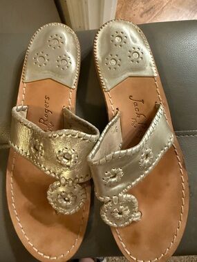 Jack Rogers Metallic Silver Leather Whipstitch Slide Sandals